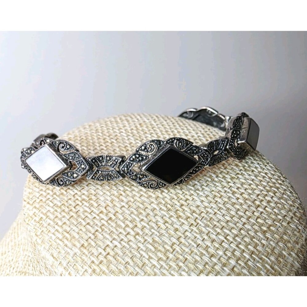 Vtg Abalone Marcasite Sterling Silver 925 Black and White Diamond Link Bracelet - Picture 2 of 6